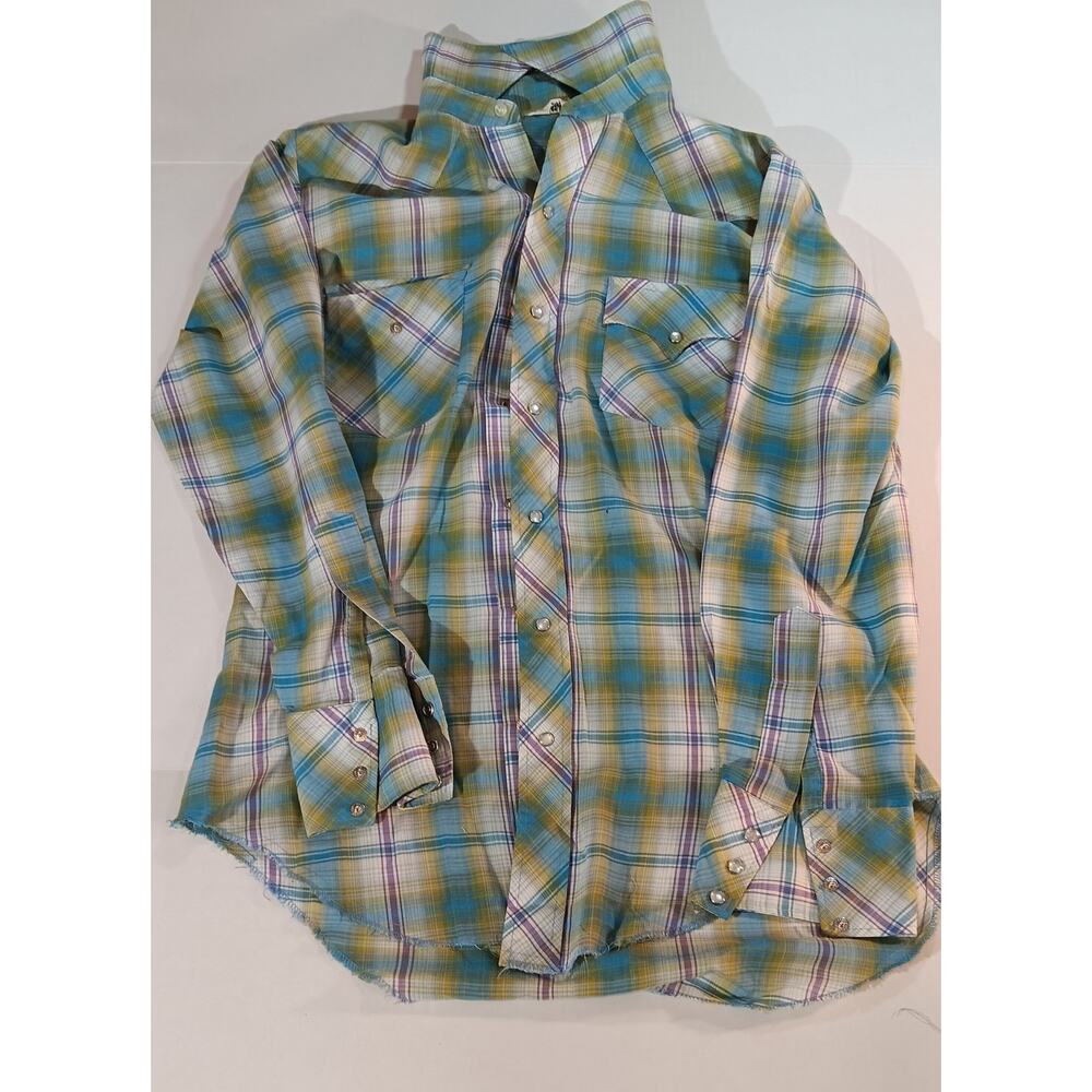 Vintage 70s Pearl Snap Plaid Western Shirt 15.5 Rockabilly Rodeo Cowboy Y2K